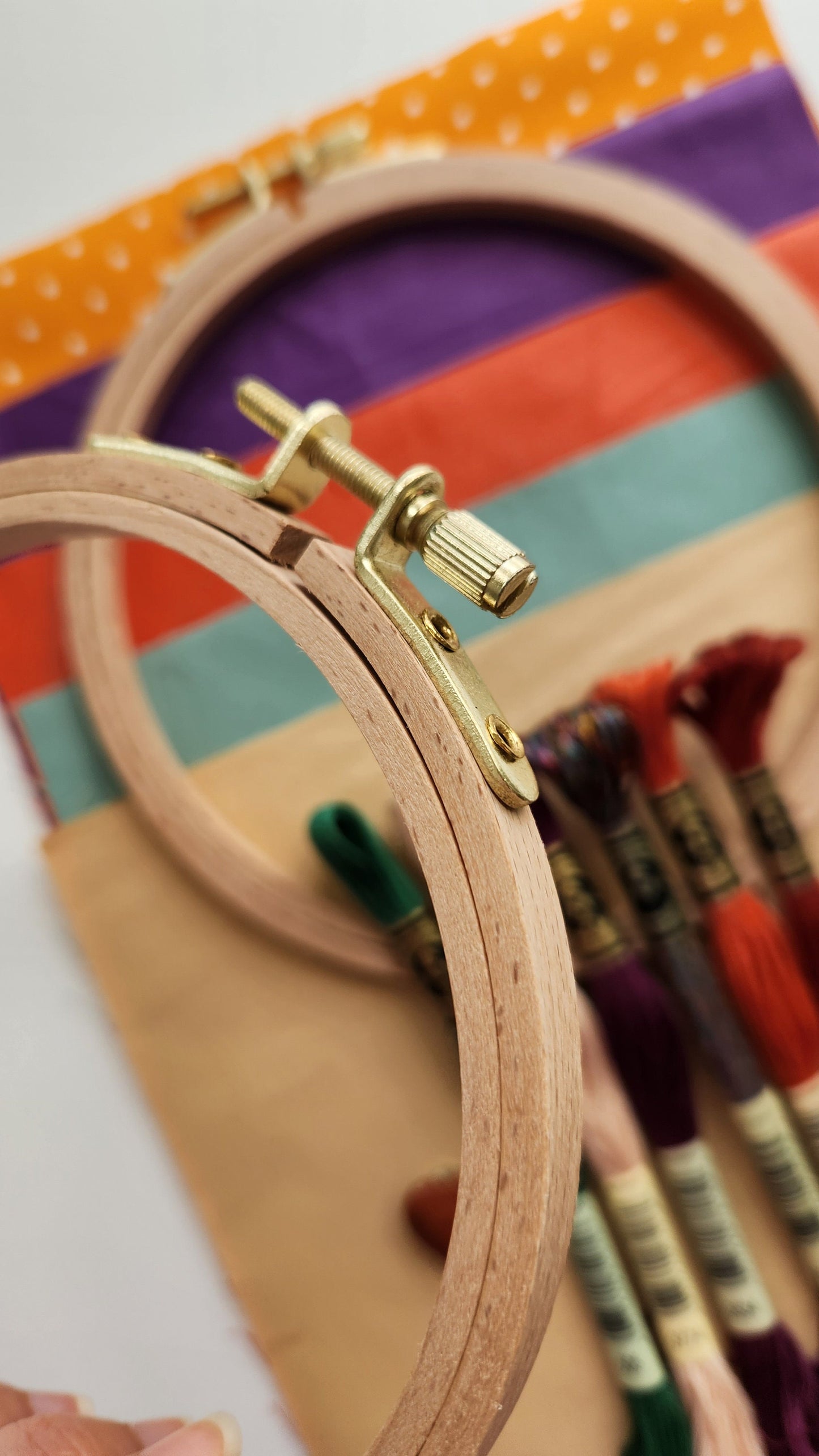 Fall Colors: Fabric and thread bundle with 2 beechwood hoops and needle minder