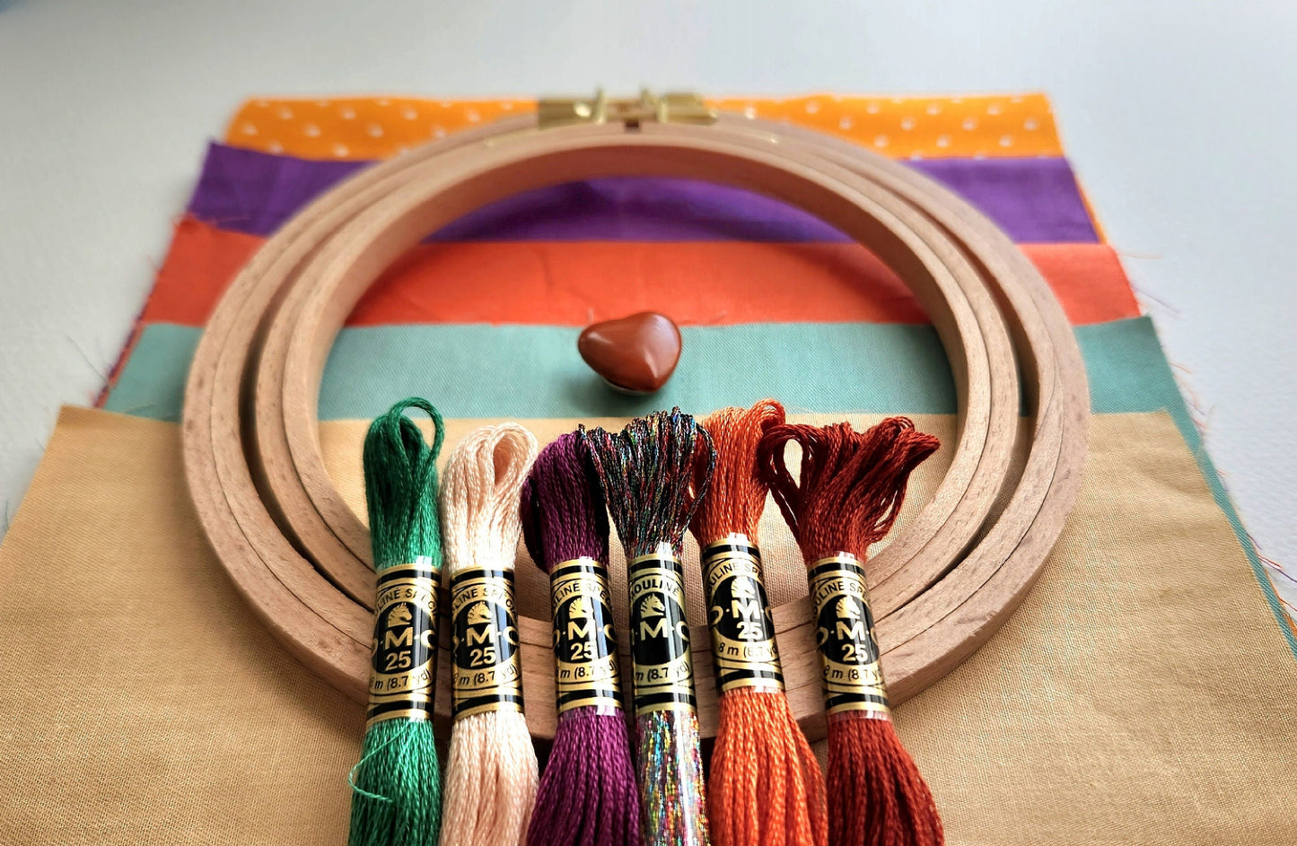 Fall Colors: Fabric and thread bundle with 2 beechwood hoops and needle minder