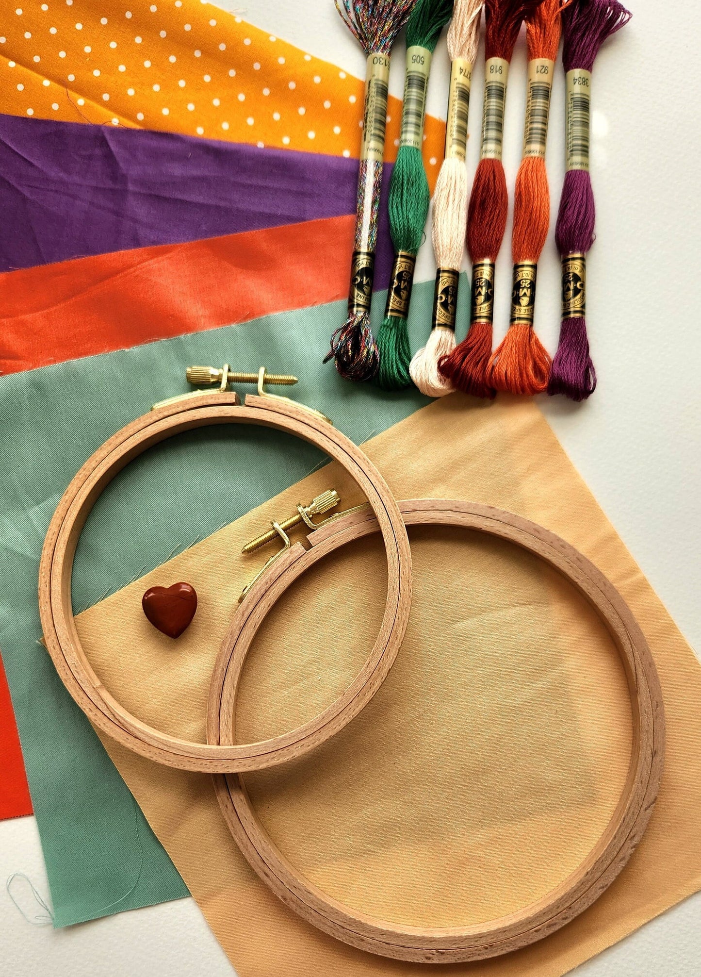 Fall Colors: Fabric and thread bundle with 2 beechwood hoops and needle minder