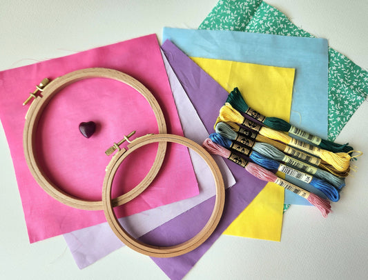 Candy Colors: Fabric and thread bundle with 2 beechwood hoops and a needle minder